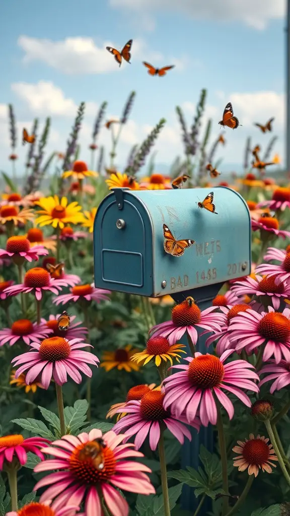 19 Stunning Mailbox Plants to Enhance Your Curb Appeal 5 A colorful garden with coneflowers and butterflies around a blue mailbox