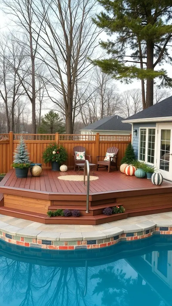 21 Stunning Above Ground Pool Deck Designs for Your Backyard 17 Above ground pool with a wooden deck and seasonal decorations.