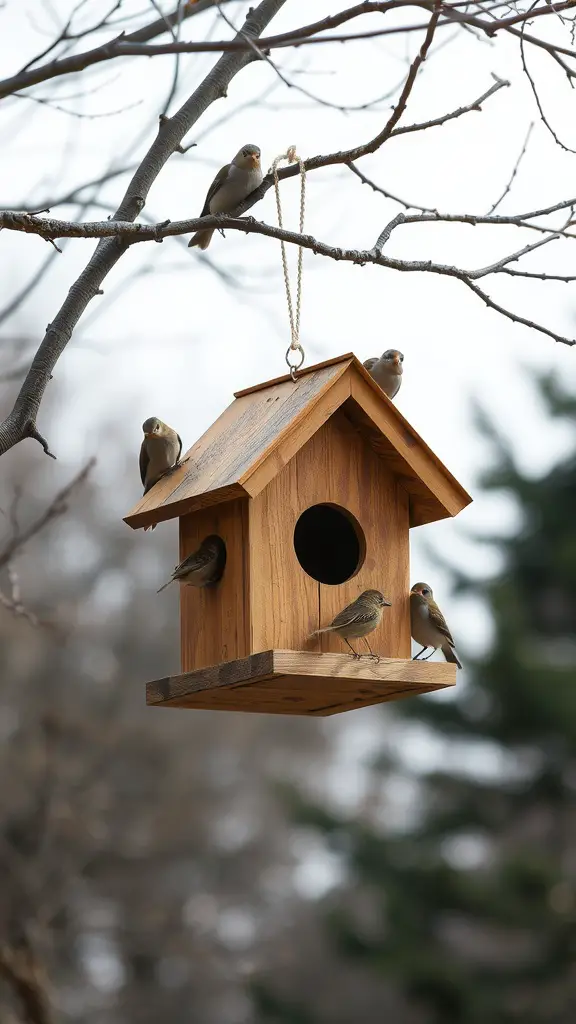 23 Creative DIY Projects to Transform Your Backyard 6 A wooden birdhouse hanging on a tree branch, with several birds perched around it.