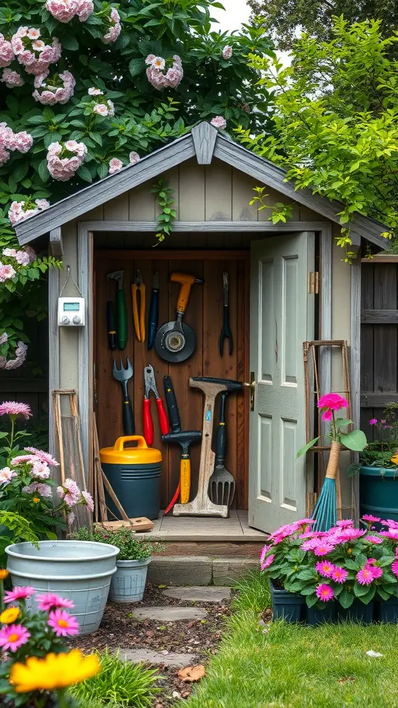 23 Creative DIY Projects to Transform Your Backyard 14 A charming garden shed with an open door, displaying neatly hung tools and surrounded by colorful flowers.