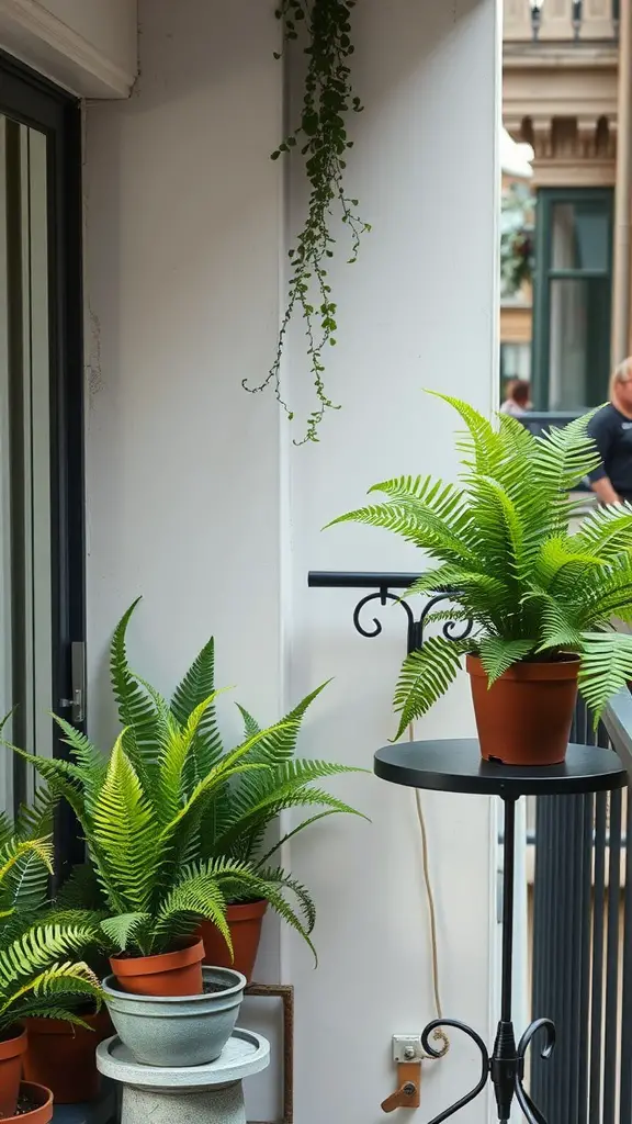 15 Creative Fern Garden Ideas for a Lush Outdoor Retreat 4 A collection of potted ferns on a balcony, showcasing vibrant green leaves in different pots.