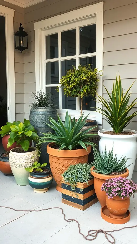 19 Stunning Small Front Yard Landscaping Ideas 9 A collection of various potted plants arranged on a porch, showcasing different container styles and plant types.