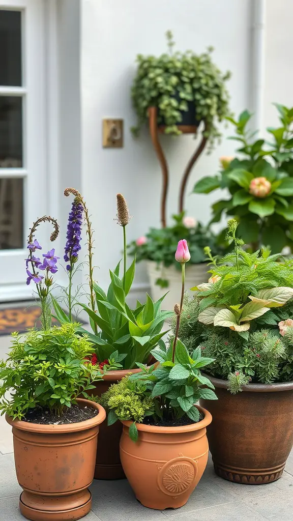 23 Inspiring Minimalist Garden Ideas for a Stylish Outdoor Space 14 A collection of elegant potted plants arranged together, featuring terracotta pots with various flowers and greenery.