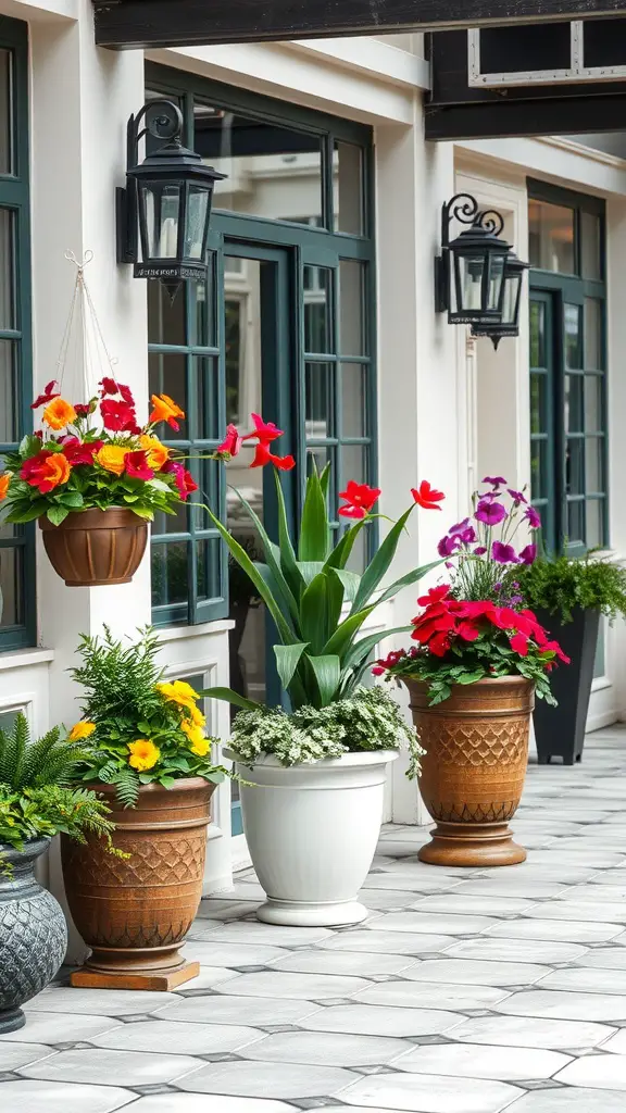 23 Inspiring Modern Garden Ideas to Transform Your Outdoor Space 2 A vibrant display of potted plants with flowers and greenery on a patio.