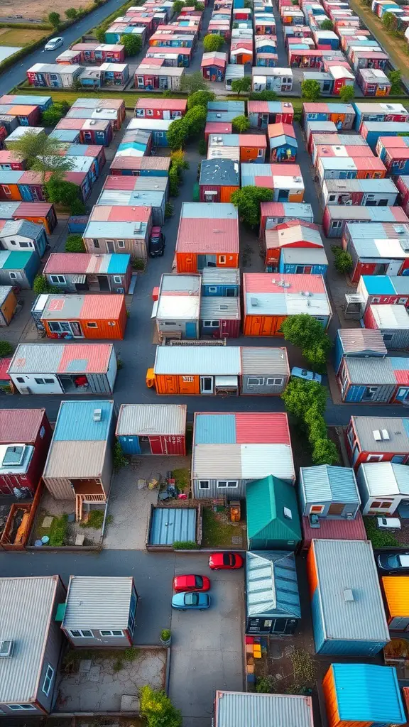 23 Innovative Storage Container Homes You Need to See 7 Aerial view of a colorful community of container homes, showcasing rows of shipping containers arranged in a neat layout with green trees.