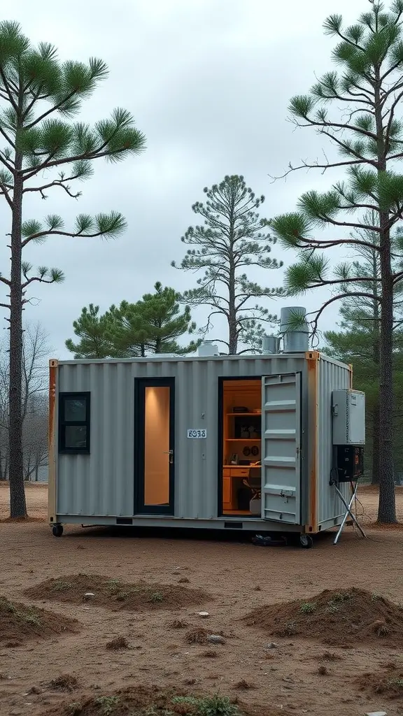 23 Innovative Storage Container Homes You Need to See 4 A compact storage container home surrounded by tall pine trees, showcasing a modern off-grid living space.