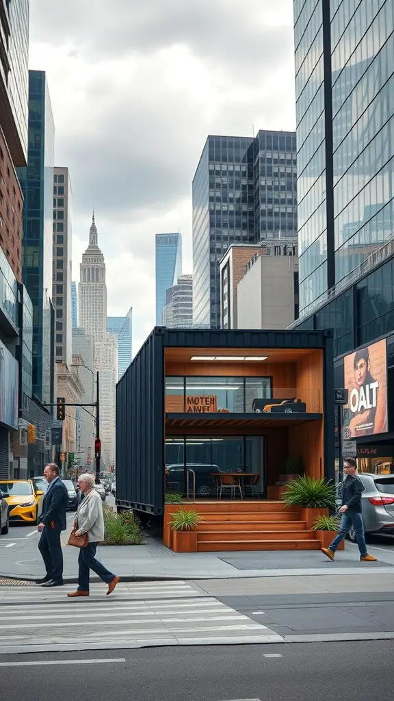 23 Innovative Storage Container Homes You Need to See 16 A modern container home in an urban setting with tall buildings around it.