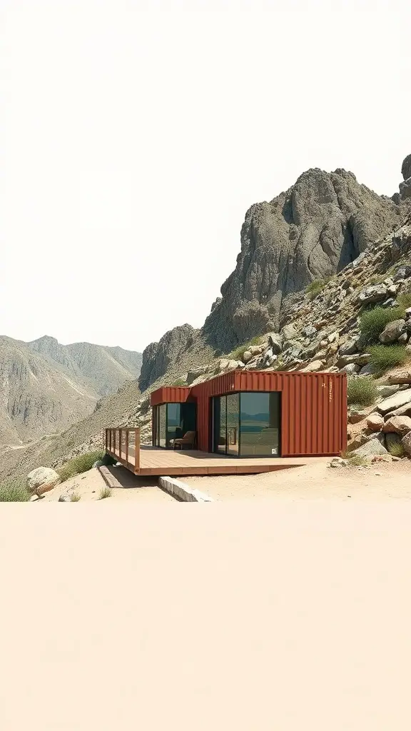 23 Innovative Storage Container Homes You Need to See 8 A red container home set in a mountainous landscape with a wooden deck.