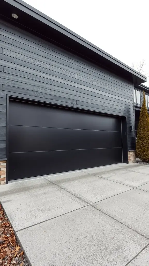 A modern black flat panel garage door set against a contemporary home exterior.