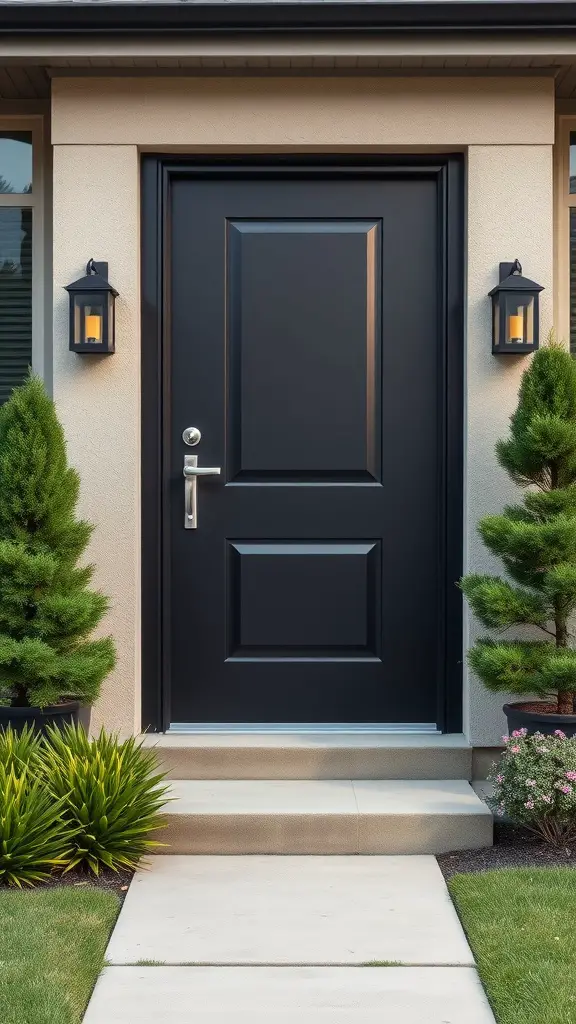 19 Stunning Black Front Door Ideas to Elevate Your Curb Appeal 5 A contemporary black flat panel front door with stylish lanterns and greenery.