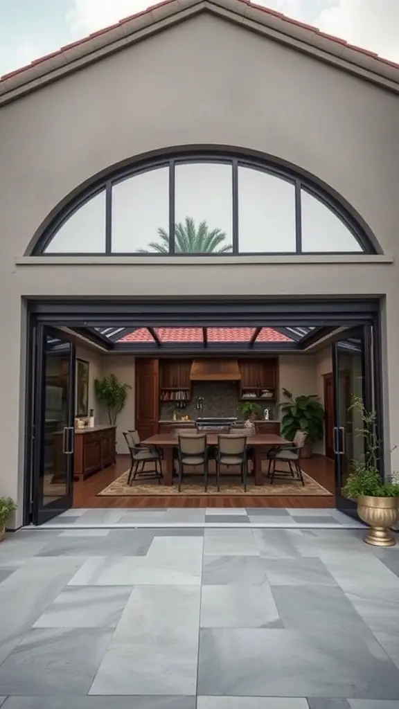 27 Stunning Modern Garage Door Designs You’ll Love 12 A contemporary folding garage door opening to a modern interior space with a dining area.