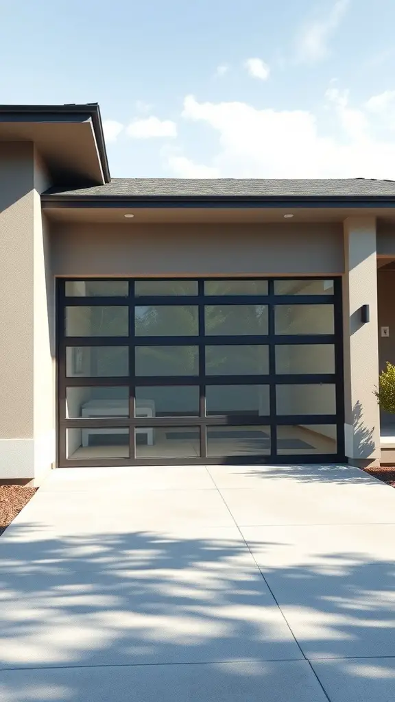 A contemporary garage door featuring large glass panels with a dark frame, showcasing a modern design.
