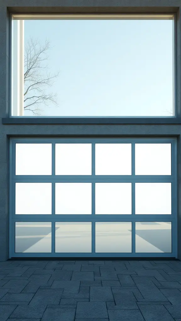 A modern garage door featuring large glass panels framed in a gray structure.
