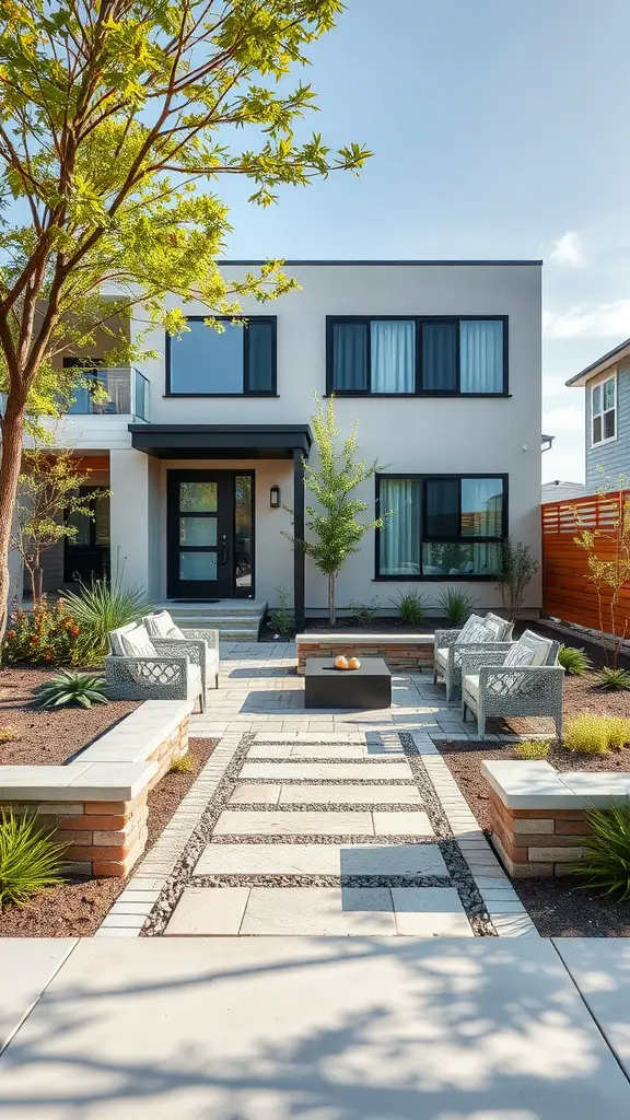 17 Stunning Modern Front Yard Landscape Designs You Need to See 4 Modern front yard design featuring a stone pathway, seating area, and decorative plants.