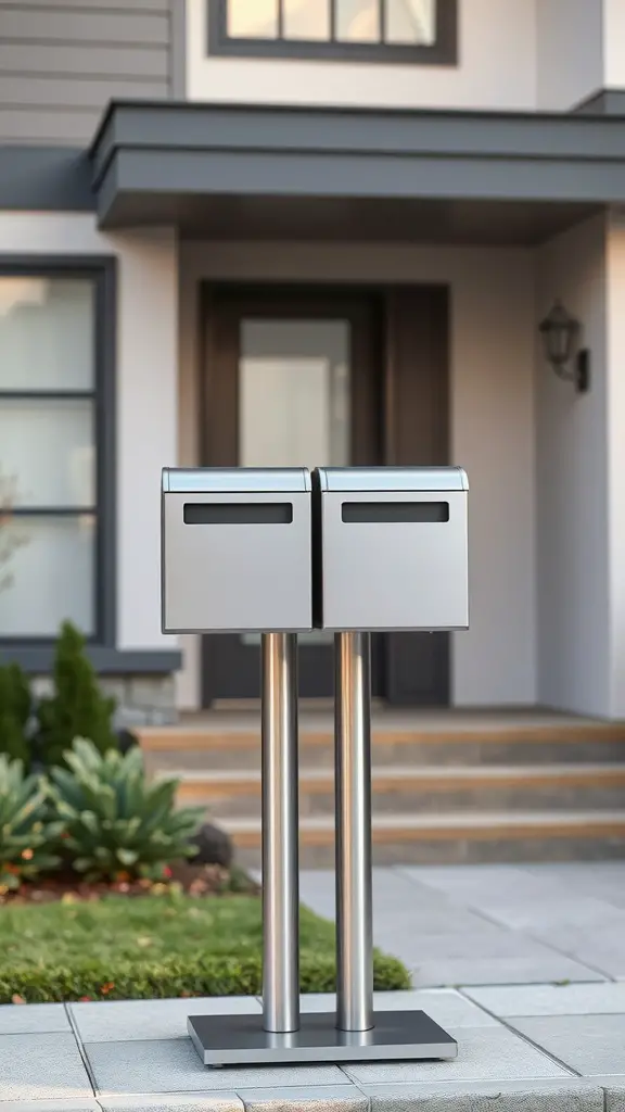 A stylish contemporary metal double mailbox stand outside a modern home.