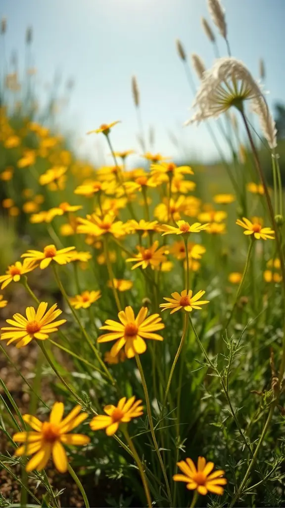 17 Long-Blooming Perennials for a Vibrant Garden Year-Round 11 A vibrant patch of yellow Coreopsis flowers against a clear blue sky.