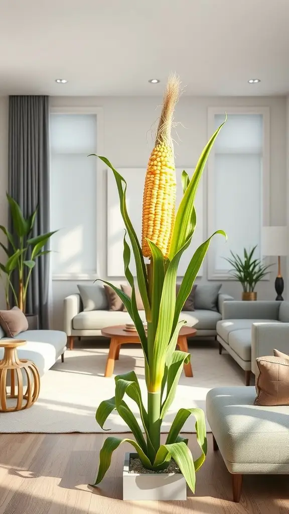 A tall corn plant in a modern living room with green leaves and corn-like structure.