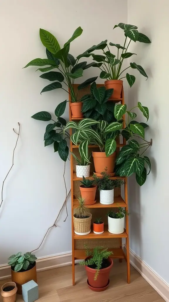 Wooden corner plant stand filled with various green plants in different pots.