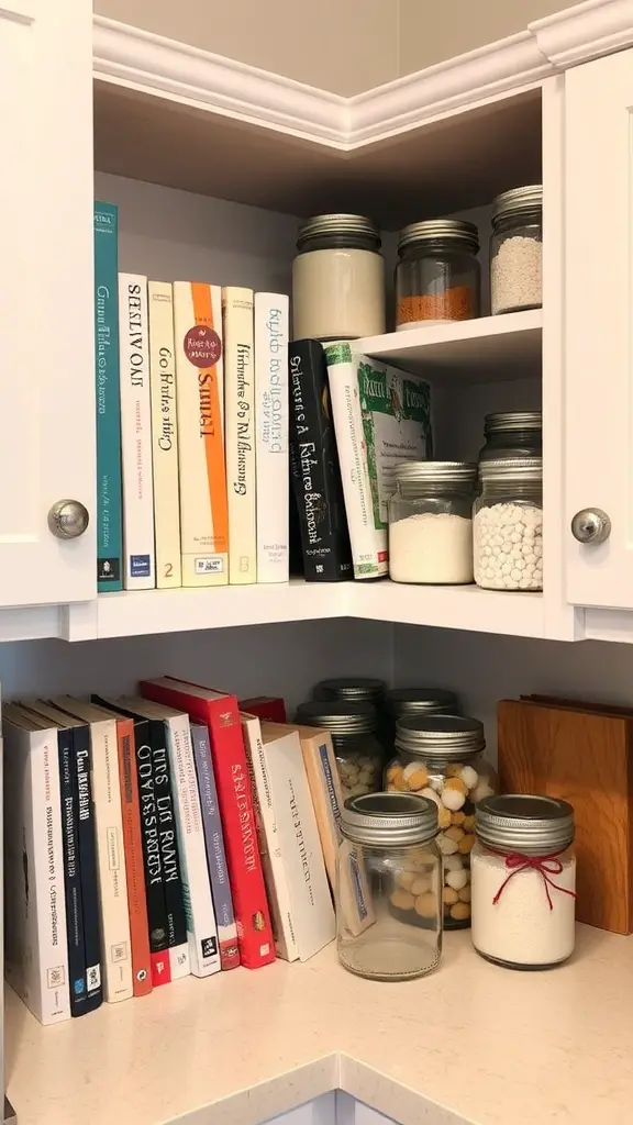 17 Genius Storage Solutions for Small Kitchens 7 A well-organized corner shelf in a kitchen, featuring cookbooks and jars of ingredients.