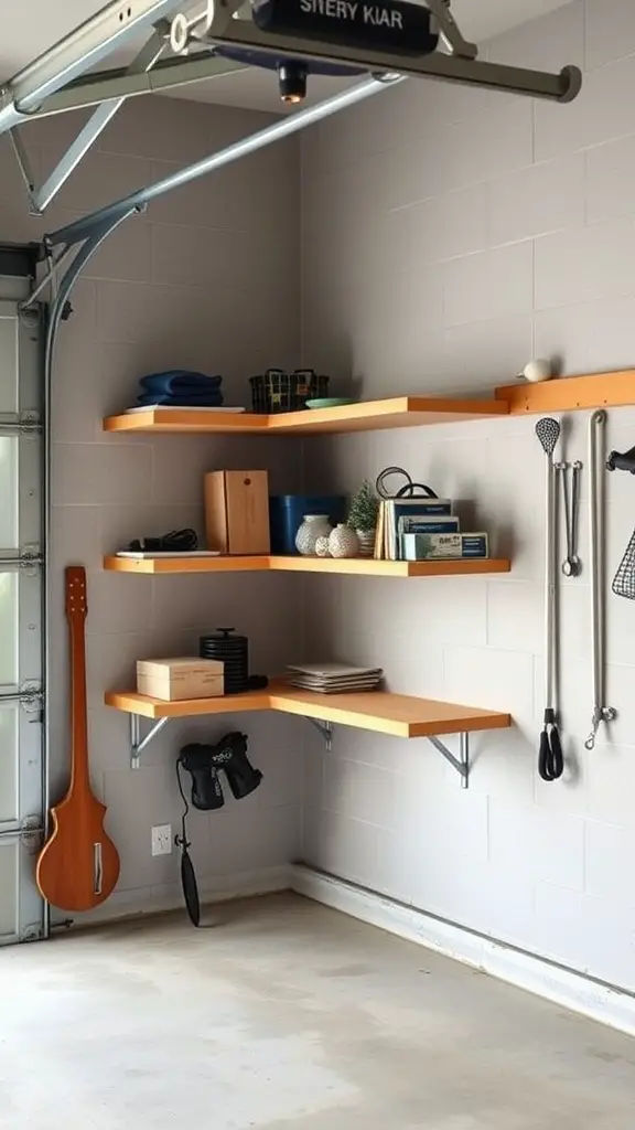 A garage corner with wooden shelves displaying various items and tools.