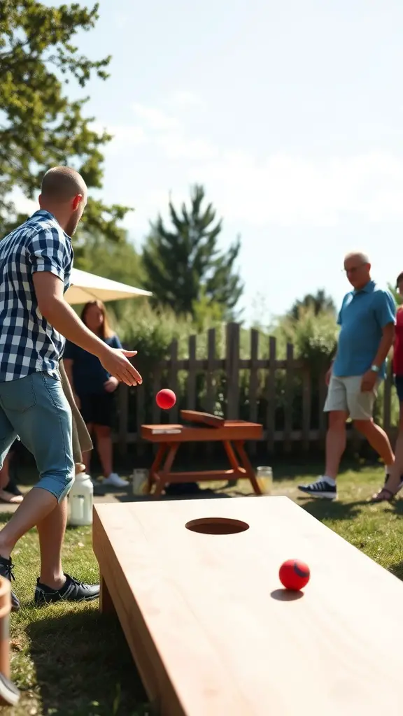 17 Fun Yard Games for Adults to Enjoy This Summer 7 People playing cornhole in a backyard setting