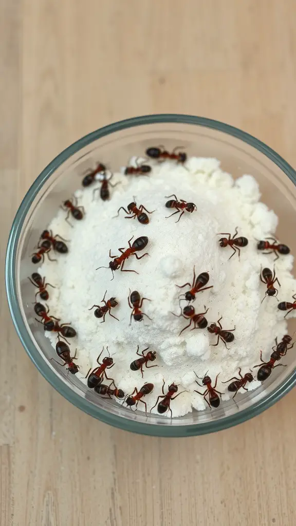 15 Effective DIY Indoor Ant Repellents You Can Make at Home 14 A bowl filled with cornstarch and several ants gathered around it.
