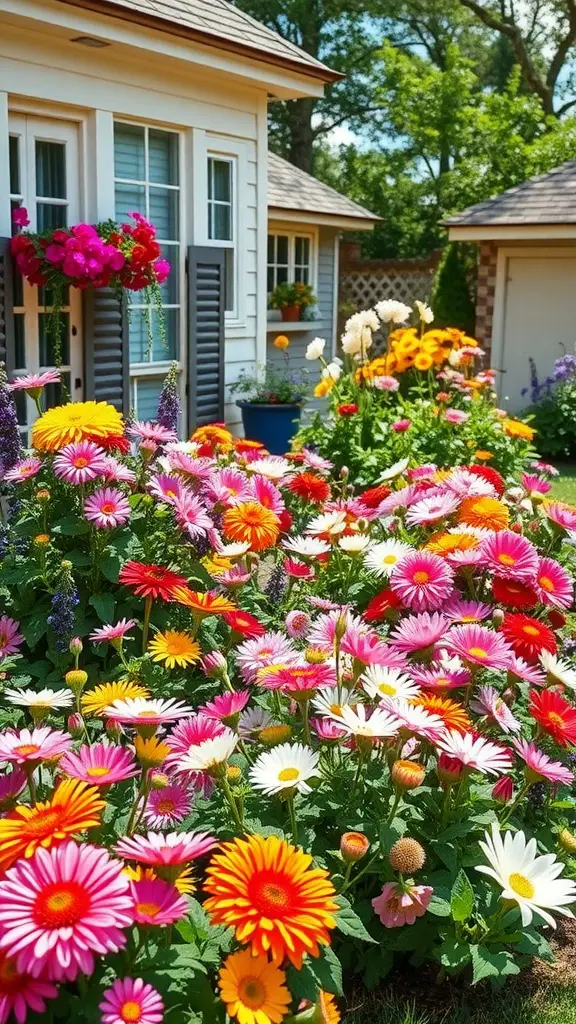 A colorful cottage-style flower bed filled with daisies and vibrant blooms in a backyard setting.