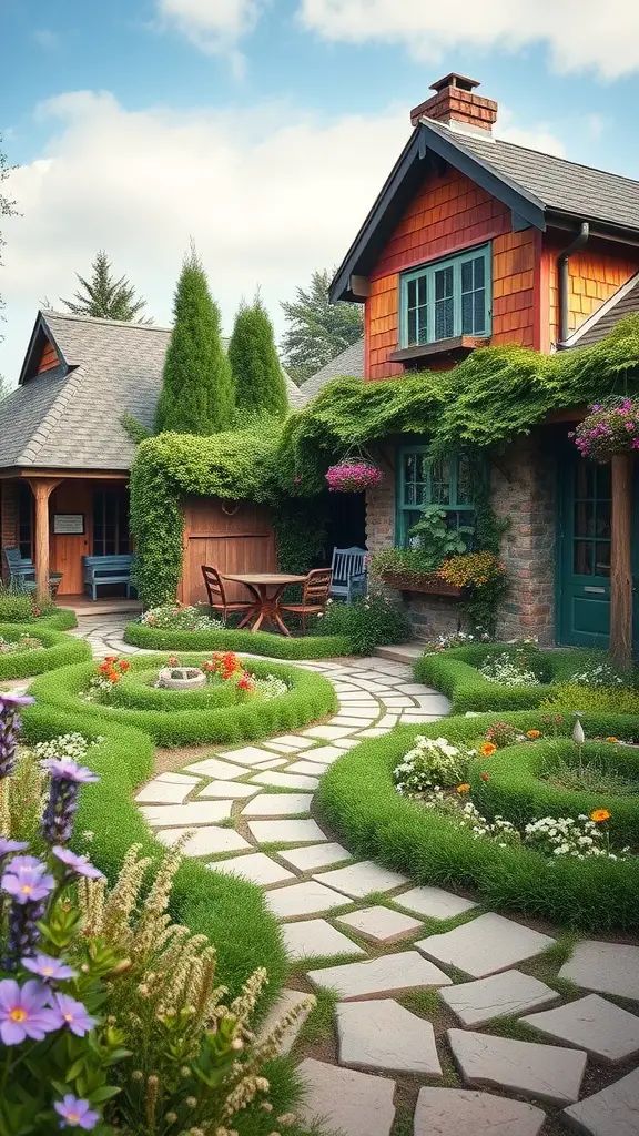15 Stunning Labyrinth Garden Ideas for Your Outdoor Space 6 A charming cottage surrounded by a lush labyrinth garden with stone pathways and colorful flowers.