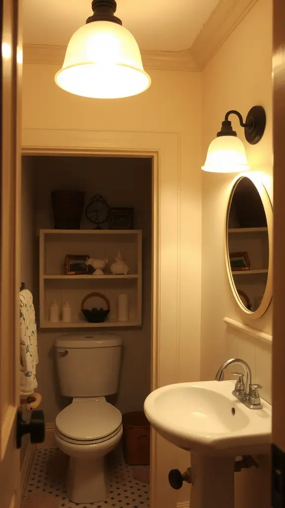 A small bathroom with cottage-style lighting fixtures, featuring two pendant lights and a cozy atmosphere.