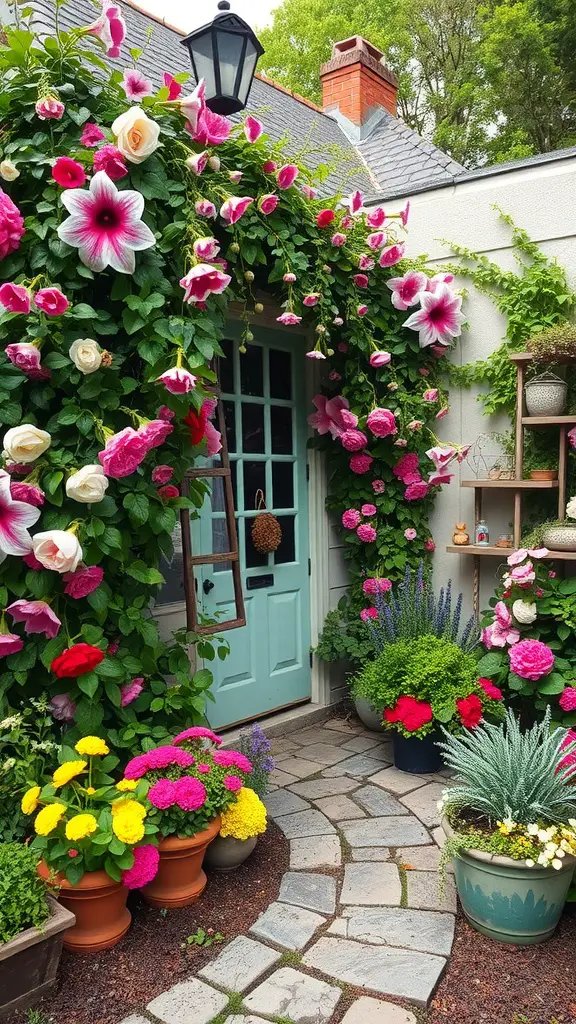 19 Modern Backyard Landscaping Ideas to Transform Your Outdoor Space 10 A colorful cottage garden entrance with flowers and a stone pathway.