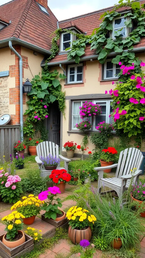 27 Creative Enclosed Garden Ideas for Your Outdoor Oasis 15 A cozy cottage garden filled with colorful flowers and climbing vines on the house.