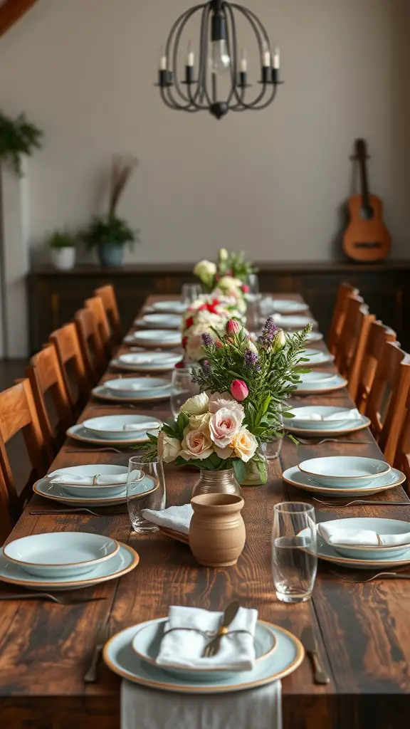 A country-style dining table beautifully arranged with plates, glasses, and a floral centerpiece.