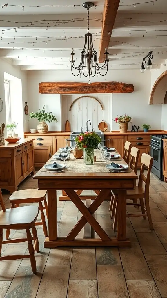 A cozy country-style dining table in a French cottage kitchen, featuring wooden furniture, a chandelier, and a beautiful table setting.