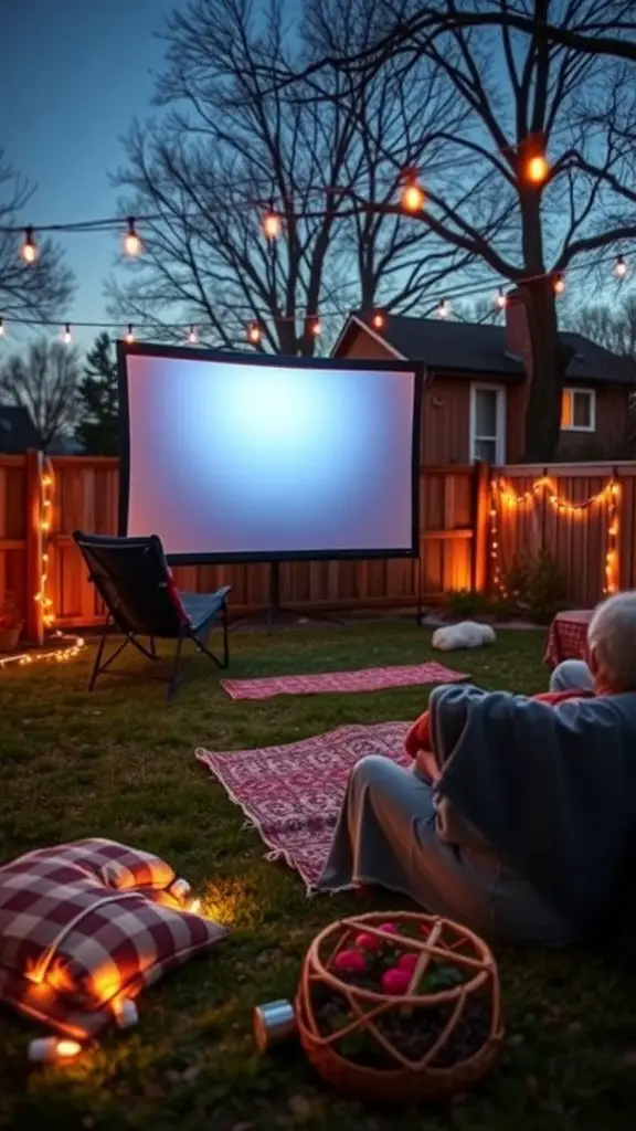 15 Creative Outdoor Movie Night Ideas for Unforgettable Evenings 2 Cozy backyard movie setup with a screen, cushions, and string lights