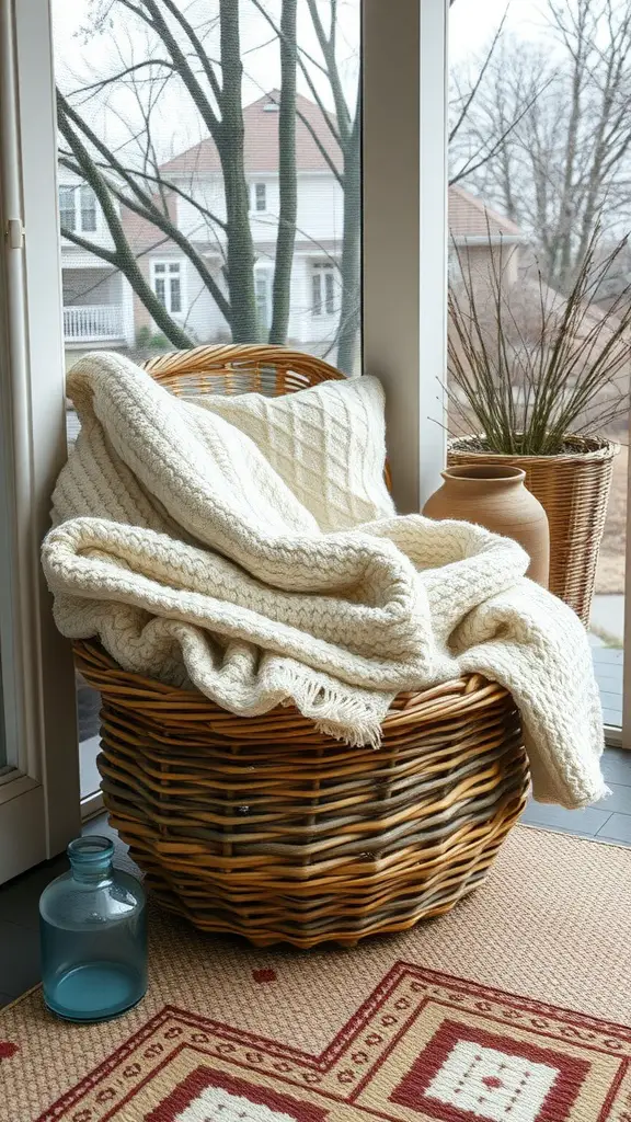 A cozy blanket basket filled with a chunky cream blanket on a screened-in porch.