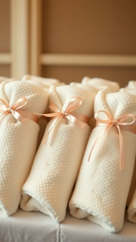 21 Creative Christmas Baby Shower Ideas You’ll Love 11 Soft white blankets rolled and tied with pink ribbons.