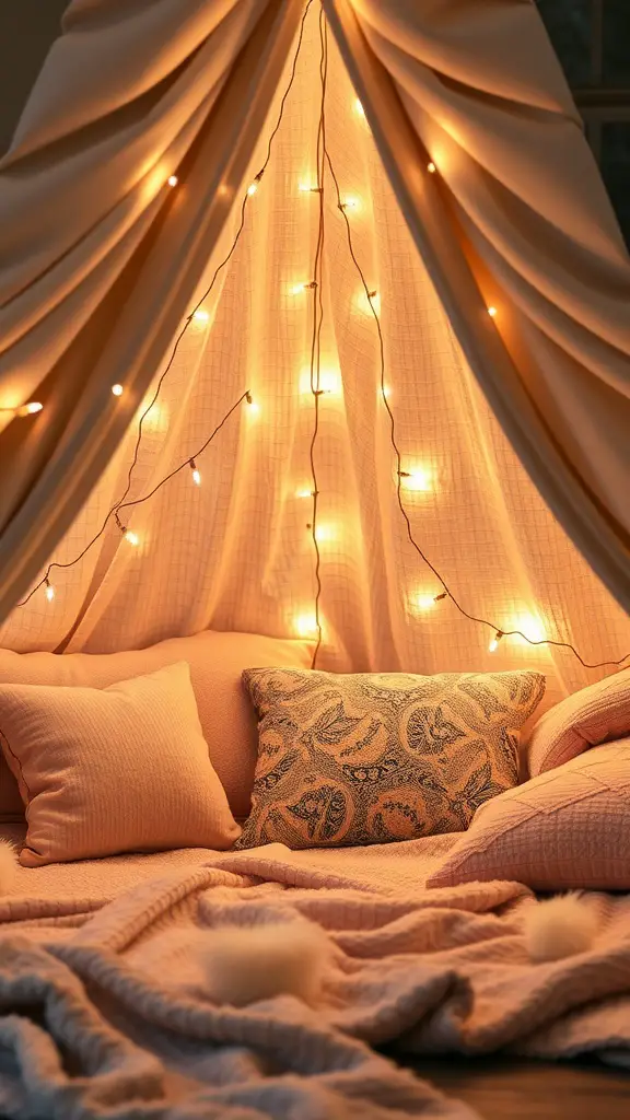 21 Creative Indoor Fort Ideas for Kids 5 Cozy blanket fort with soft pillows and fairy lights