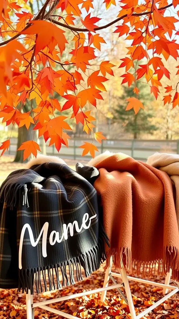 Cozy blankets on display with fall leaves in the background