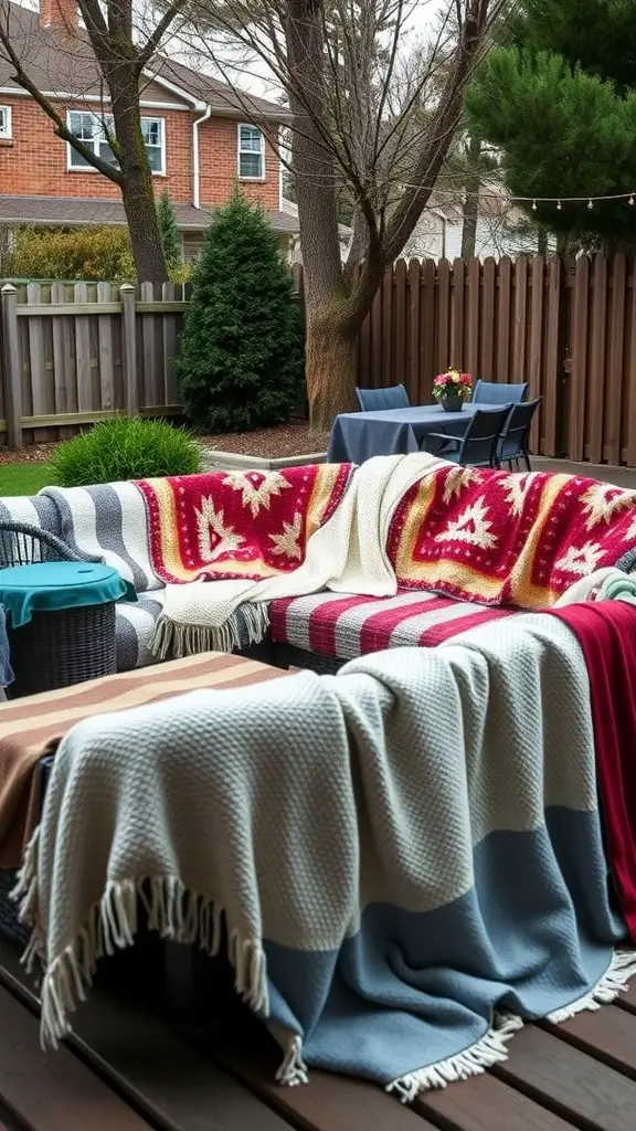 19 Creative Ideas for Epic Backyard Movie Nights 2 Colorful, cozy blankets draped over outdoor furniture in a backyard setting.
