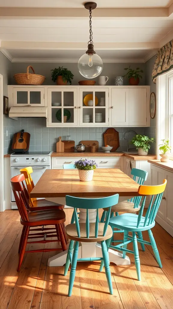 25 Inspiring Country Farmhouse Kitchen Ideas You’ll Love 8 A cozy breakfast nook featuring a vintage table surrounded by colorful chairs, set in a bright kitchen with natural light.