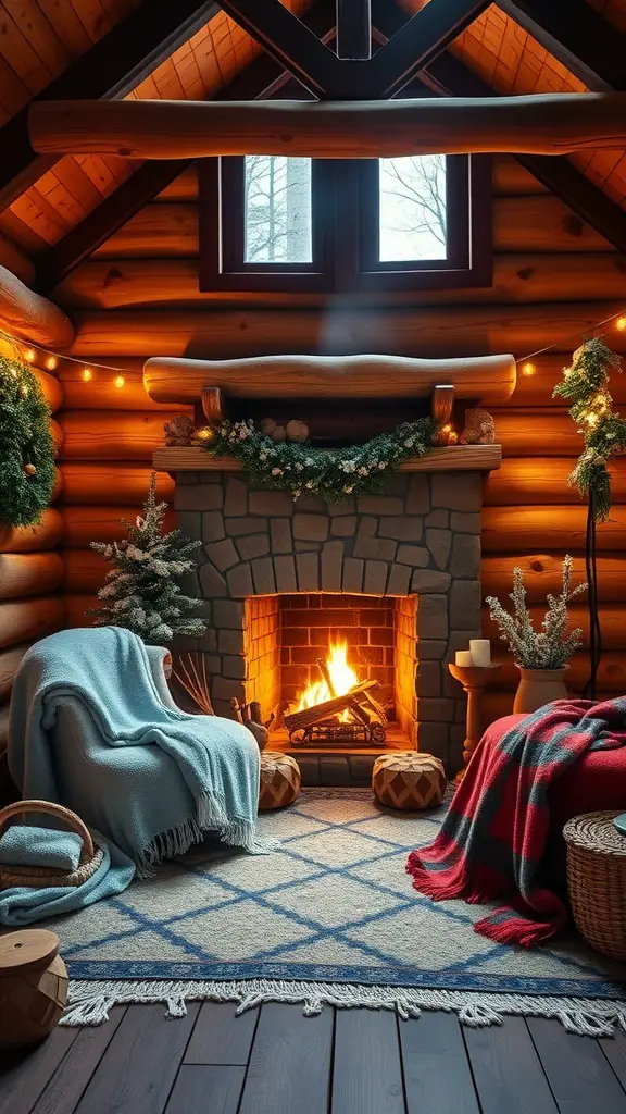 Cozy cabin interior with a fireplace, warm lighting, and decor for a winter baby shower.