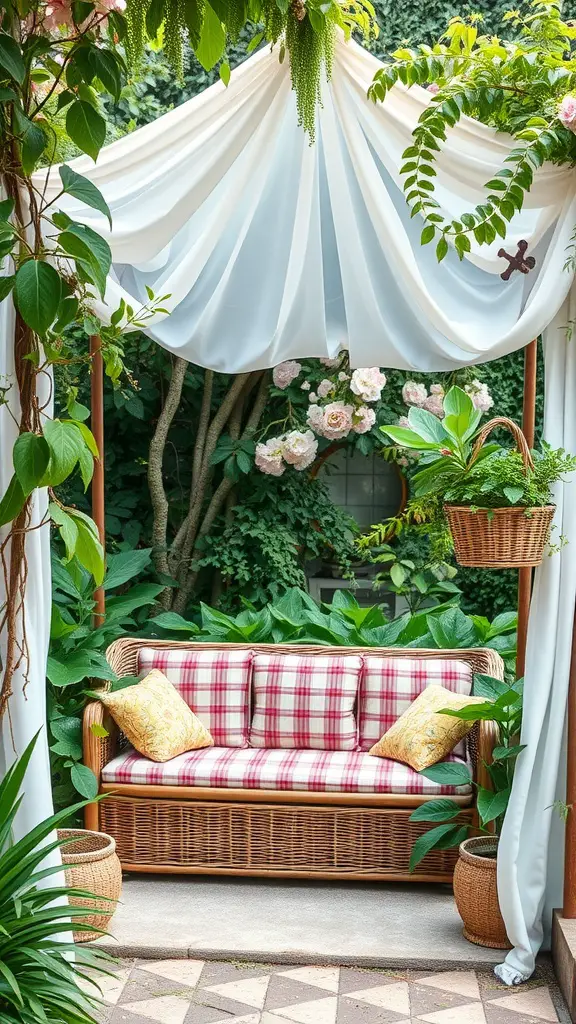 13 Cozy Garden Reading Nook Ideas for Book Lovers 9 Cozy garden reading nook with a wicker sofa under a white canopy surrounded by greenery