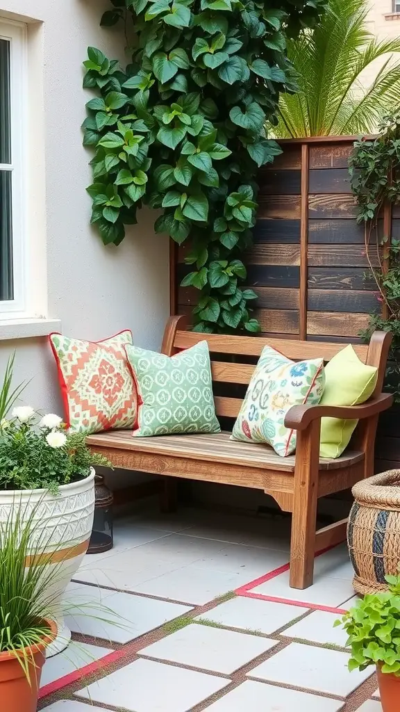 23 Affordable Backyard Patio Ideas to Transform Your Outdoor Space 2 A cozy outdoor corner with a wooden bench and colorful cushions surrounded by plants.