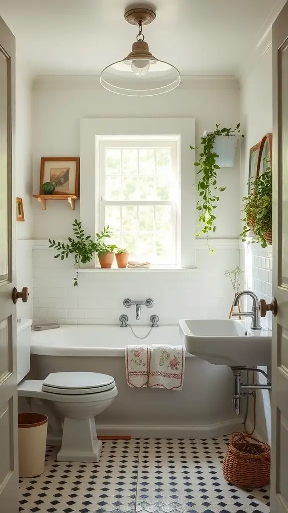 A cozy bathroom with a bathtub, potted plants, and warm lighting.