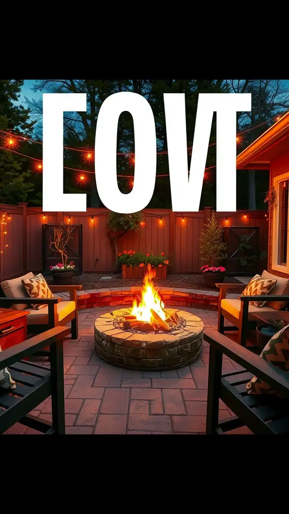 Cozy fire pit area with seating and string lights