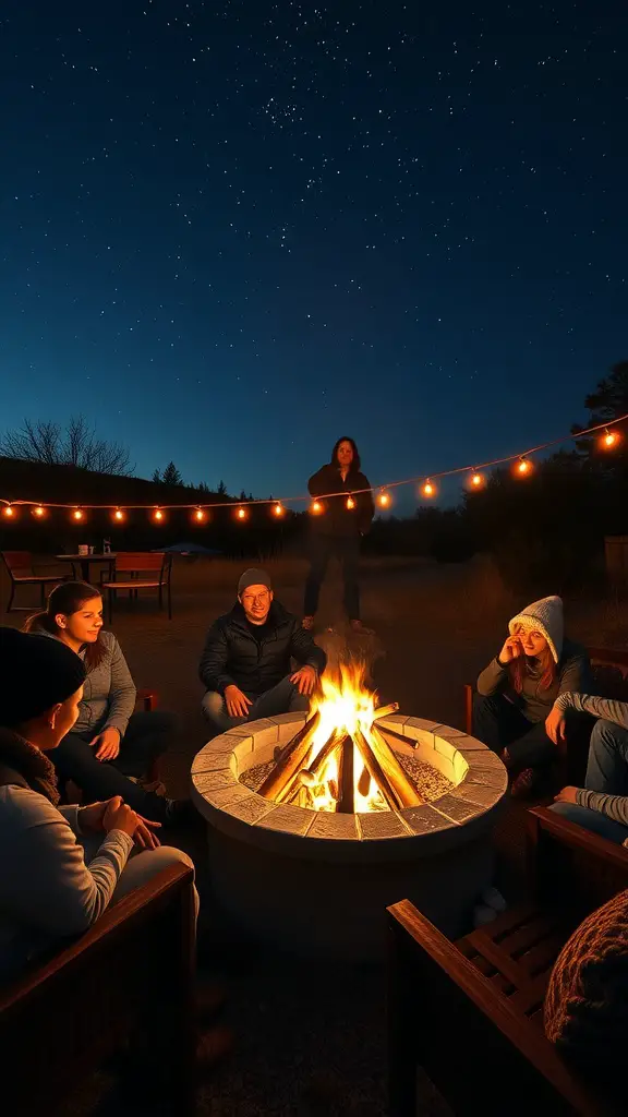 Friends gathering around a fire pit at night under a starry sky