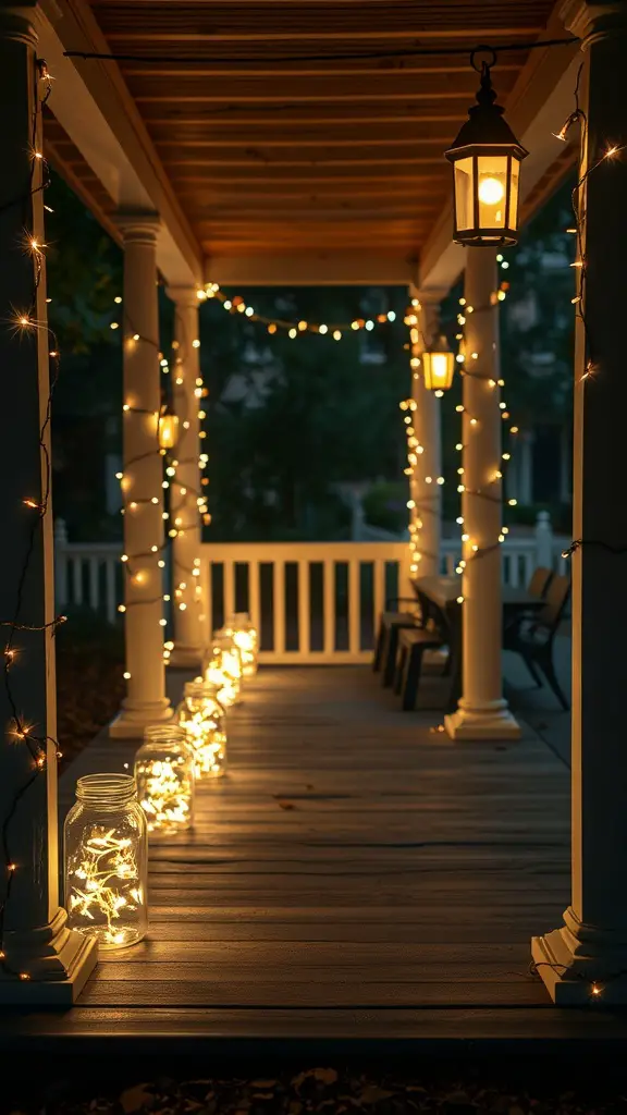 A cozy porch decorated with jar lights and lanterns, creating a whimsical atmosphere.