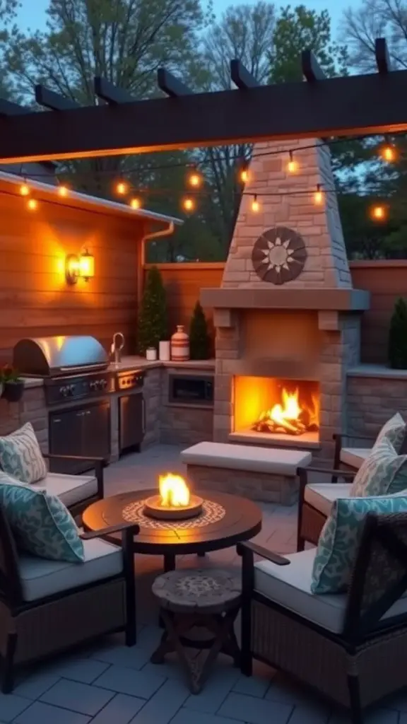 19 Stunning Covered Outdoor Kitchen Design Ideas You’ll Love 4 Cozy outdoor kitchen with a stone fireplace, chairs, and string lights