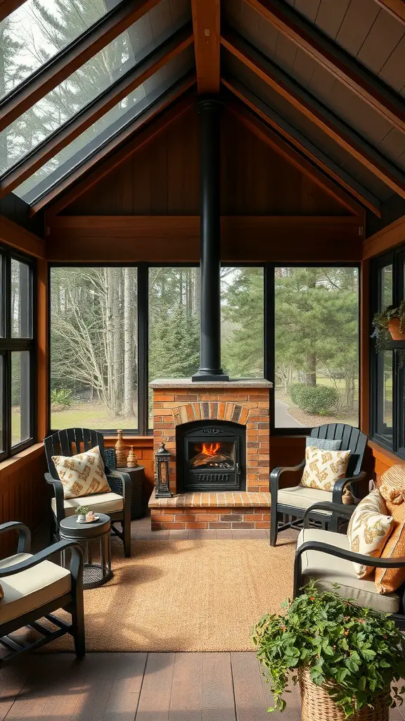 Cozy screened-in porch with a fireplace and comfortable seating