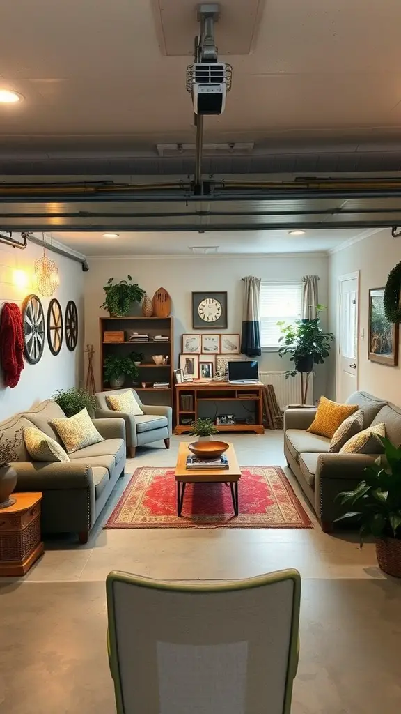 29 Creative Garage Interior Ideas You’ll Love 7 Cozy garage living space with sofas, a rug, and plants.